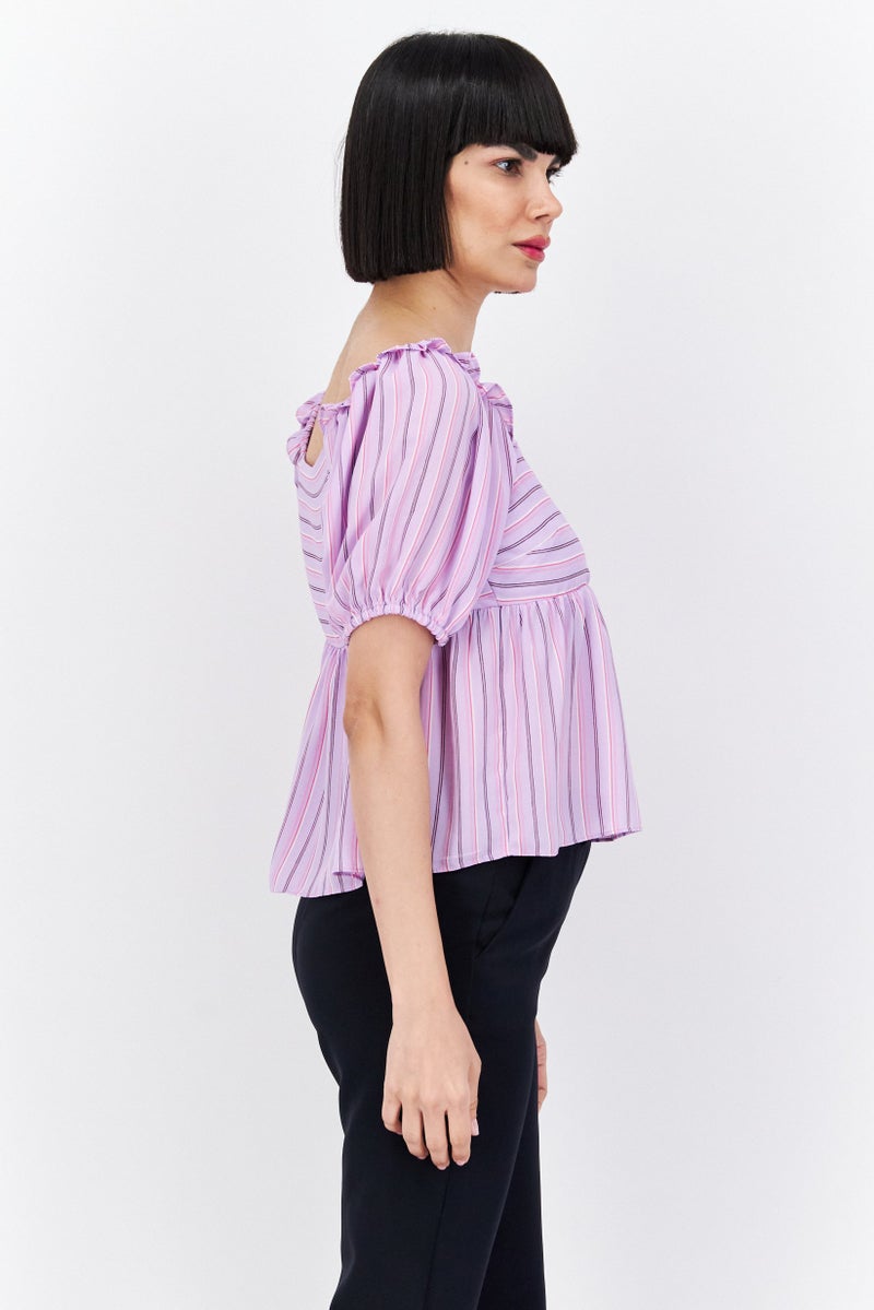 Riley & Rae Women Square Neck Puffed Sleeves Stripe Print Top, Lavender Combo - Image 2